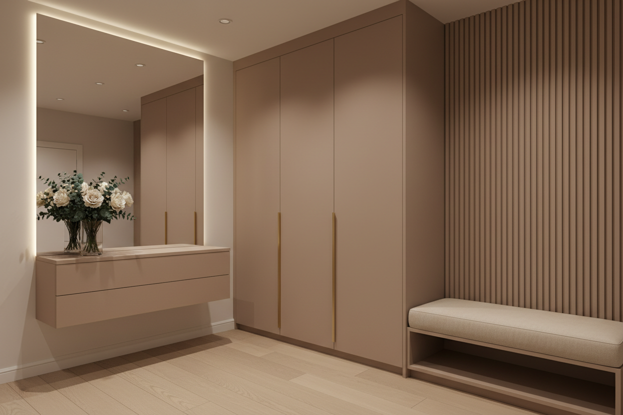 GENEREAZA O CAMERA DE ANTREU. PE PERETELE DIN STANGA CU LATIME DE 2090MM, DIN STANGA INCEPEM CU CONSOLA-SERTAR SUSPENDATA LATIME 800 LA INNALTIMEA DE 800, OGLINDA DEASUPRA  PAN ALA TAVAN, H TAVAN 2600. APOI DULAP PANA IN TAVAN CU TREI USI LATIMEA  400, MANERE AURII NUMAI LA PRIMELE DOAU USI DIN STANGA. PE PERETELE URMATOR  PUNEM O BANCHETA TAPITATA CU SPATIU DE DESUBT GOL, IAR MAI SUS LAMELE DE CULOARE CAPUCINO DESCHIS PANA SUS, LIPIT PE STANGA DE DULAPUL CU 3 USI, PARDOSEA LEMN, FRONT CAPUCINO, FLORI 