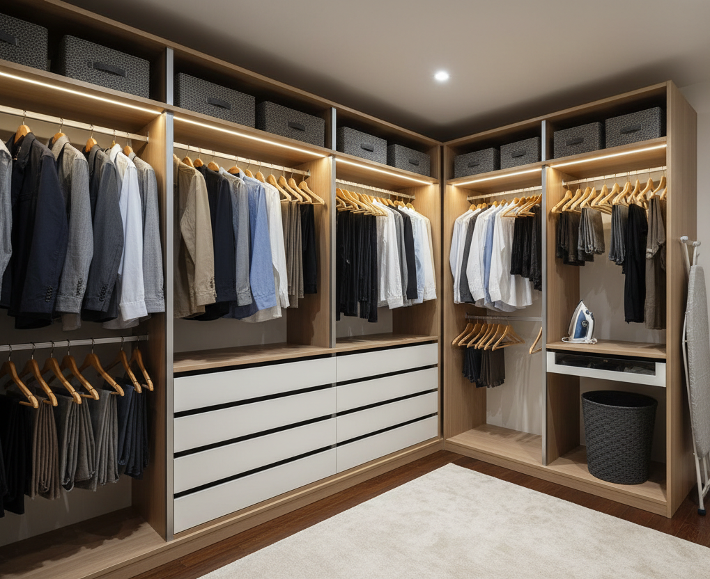 genereaza o odaie dotata pe toti peretii ca o garderoba: bare pentru umerase, sertare, spati pentru cutii sus, spatiu pentru masa de calcat, spatiu pentru cos rufe murdare, oglinda