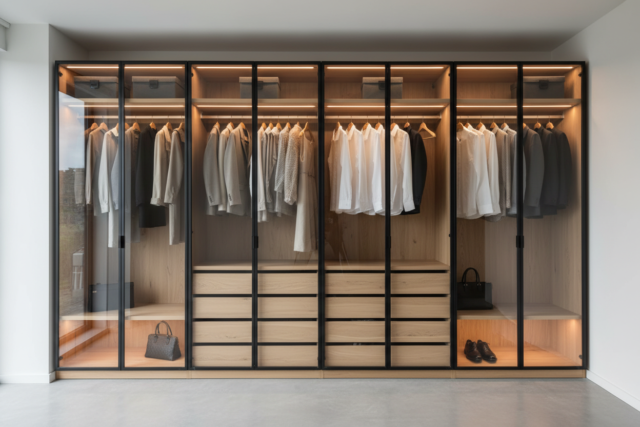 genereaza un dresiing cu usi din sticla cu rama metal neagra cu lumini led sub barele pentru haine, cu sertare cu textura lemn