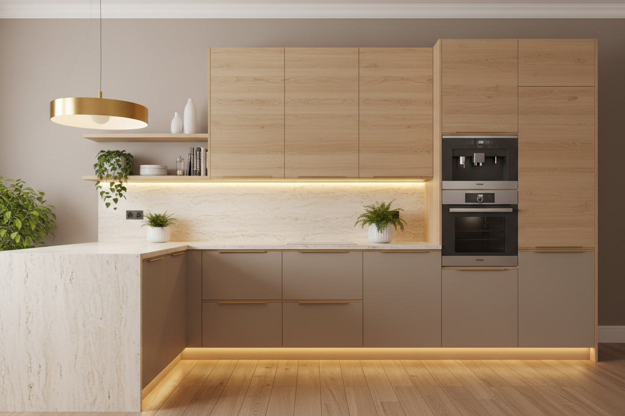 genereza o bucatrie in forma de L stil modern de culoare lemn deschis si capucino, cu maner gola auriu si plinta aurie, cu soldat cu expresor si cuptor, cu blat travertin, lumini led sub corpuri suspendate si sub plinta, decoreaza si incaperea cu pardosea lemn si pereti bej gri si plante